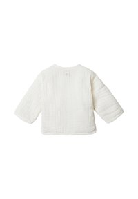 Weißer strukturierter Blazer mit lockerer Passform, Dreiviertelärmel und rundem Halsausschnitt. Verfügt über dezente Nähte und einen Knopf auf der Rückseite.