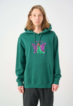 Green hoodie in cotton material featuring a large purple butterfly graphic with a multicolored character. Includes a front pocket.
