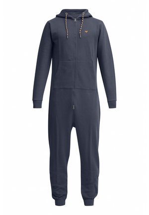 Mameluco azul marino con cremallera, fabricado en un tejido suave, con capucha, bolsillos frontales y cordón decorativo con detalles en metal.