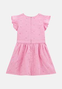Pink cotton dress with short ruffled sleeves, floral embroidery, and a back zipper. A-line silhouette with gathered skirt section.