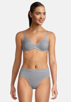 Reggiseno wireless grigio con una texture liscia e design a V, abbinato a mutandine grigie a vita alta. Semplice e funzionale.