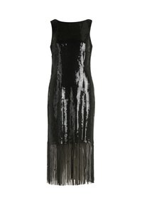 Czarna sukienka z cekinami o dopasowanym kroju, okrągłym dekolcie i frędzlami na dole, tworząca migoczący efekt.