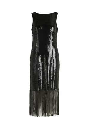 Schwarzes Pailletten-Kleid mit figurbetonter Silhouette, Rundhalsausschnitt und fransigem Detail am Saum, das einen schimmernden Effekt erzeugt.