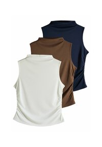 Drei ärmellose Oberteile mit hohem Kragen: weiß, braun und marineblau; geripptes Material; geraffte Details auf der Rückseite; weicher, elastischer Stoff.