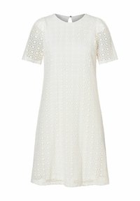 Weißes Spitzenkleid mit kurzen Ärmeln, rundem Ausschnitt, floralem Muster, Schlüsselloch-Rücken mit Knopfverschluss und A-Linie-Silhouette.