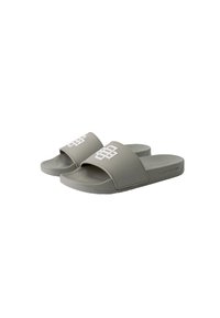 Gray slide sandals made of rubber, featuring wide straps with a white geometric logo and a comfortable flat sole.