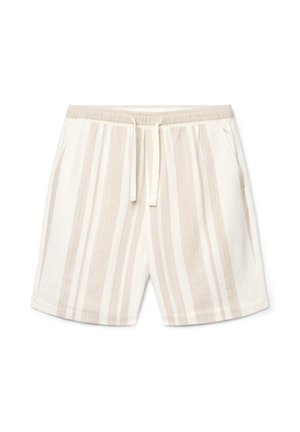 Beige und weiß vertikal gestreifte Freizeitsportshorts mit elastischem Bund und Kordelzug, mit Seitentaschen.