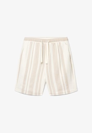 Shorts décontractés beige et blanc à rayures verticales avec taille élastique et cordon, avec poches latérales.