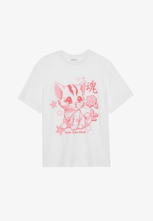 T-shirt de algodão branco com uma ilustração rosa de um gato e estrelas, com o texto "Clube dos Gatos fofos" abaixo do design.