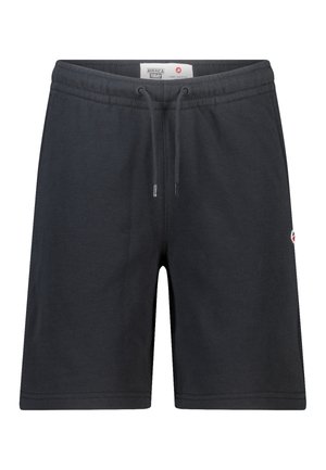 Shorts décontractés noirs à taille élastique avec cordon, avec un petit patch logo sur le côté droit et une étiquette de marque à l'intérieur de la ceinture.