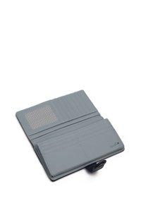 Gray leather wallet with multiple card slots, a glossy accent, and a textured ID window; features a secure closure mechanism.