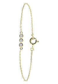 Gold-tone bracelet featuring a delicate chain, three round clear crystals set in a polished bezel, and a lobster clasp closure.