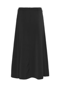 Zwarte midi rok met een gladde, matte afwerking, voorzien van een tailleband en een rits aan de achterkant. A-lijnvorm met subtiele plooien voor bewegingsvrijheid.