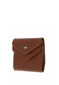 Portefeuille compact en cuir marron avec bords cousus et rabat sécurisé par un petit emblème argenté représentant un "G" stylisé avec des ailes.