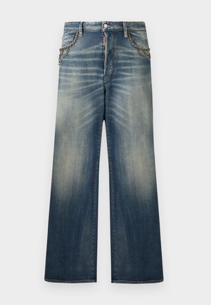 Jeans mit weitem Bein aus verwaschenem Blau-Denim. Mit metallischen Akzenten an den vorderen Taschen. Gefranster Saum und leichte Farbabweichungen im gesamten Stoff.