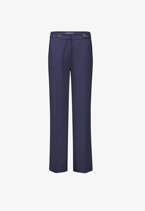 Pantalon bleu marine sur mesure à jambes droites avec des boutons décoratifs à la taille, présenté sur un fond blanc.