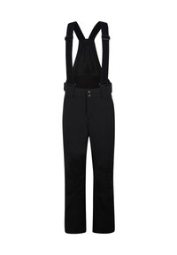 Black bib overalls with adjustable straps, two front buttons, and a smooth texture. Features a high back and straight leg design.
