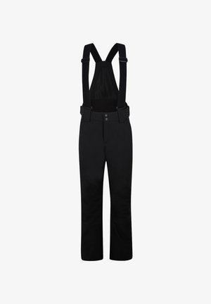Black bib overalls with adjustable straps, two front buttons, and a smooth texture. Features a high back and straight leg design.