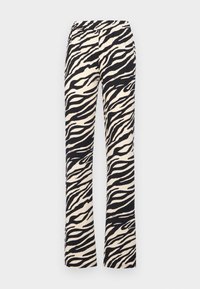 Zebra pattern trousers with a black and beige color scheme, featuring an elastic waistband and a flared leg design. Soft fabric texture.