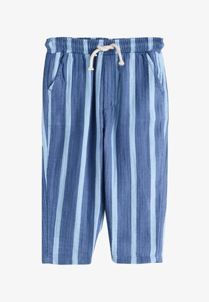 Pantalon en coton bleu et bleu clair à rayures, avec taille élastique, cordon blanc et poches latérales.