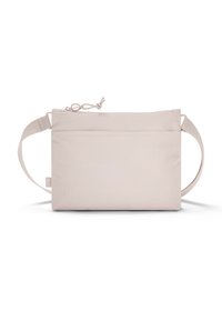 Borsa a tracolla rettangolare beige con tracolla regolabile, caratterizzata da una texture liscia e una tasca frontale con un design minimalista.