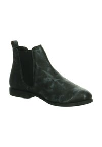 Schwarze Chelsea-Stiefel mit glänzendem, strukturiertem Lederoberteil. Mit zwei elastischen seitlichen Einsätzen und einem niedrigen, flachen Gummiheel.