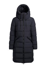 Námořnická modrá vycpaná parka s vysokým límcem a nastavitelnou kapucí se stahovací šňůrkou. Obsahuje přední zip, dvě boční kapsy a prošívanou texturu.