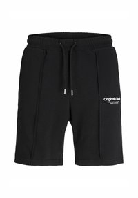 Shorts en coton noirs avec une taille élastique, cordon de serrage ajustable, coutures latérales et un logo blanc à l'avant. Texture douce.
