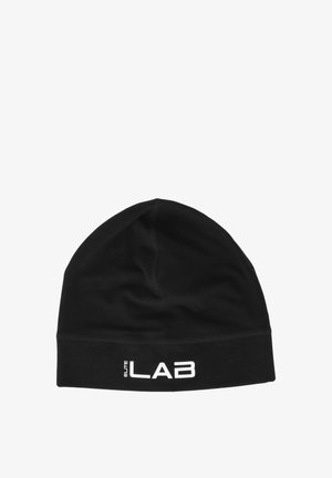 Black beanie hat made of soft, stretchable fabric. Features a cuffed edge with "ELITE LAB" logo in white. Simple, smooth surface.