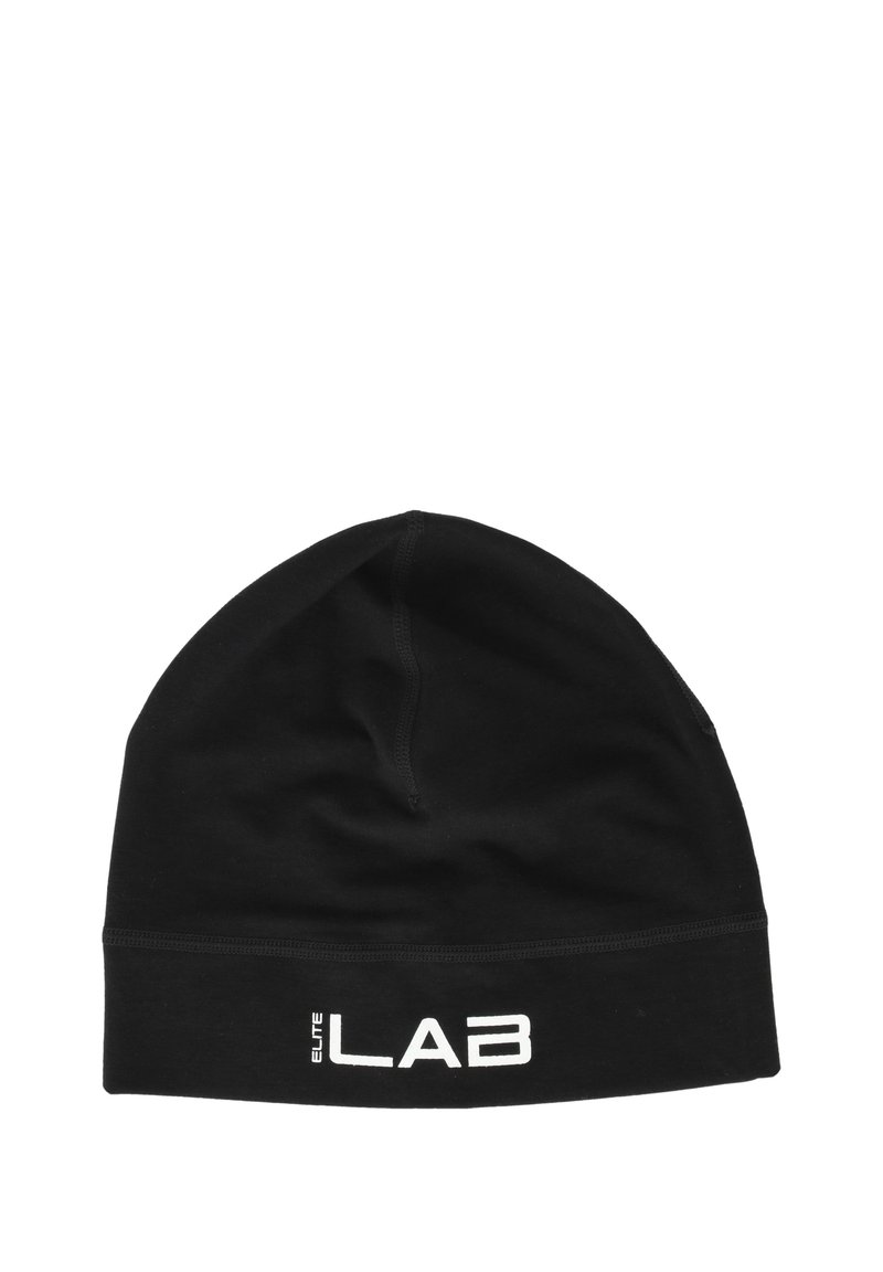 Bonnet noir en tissu doux et extensible. Présente un bord replié avec le logo "ELITE LAB" en blanc. Surface simple et lisse.