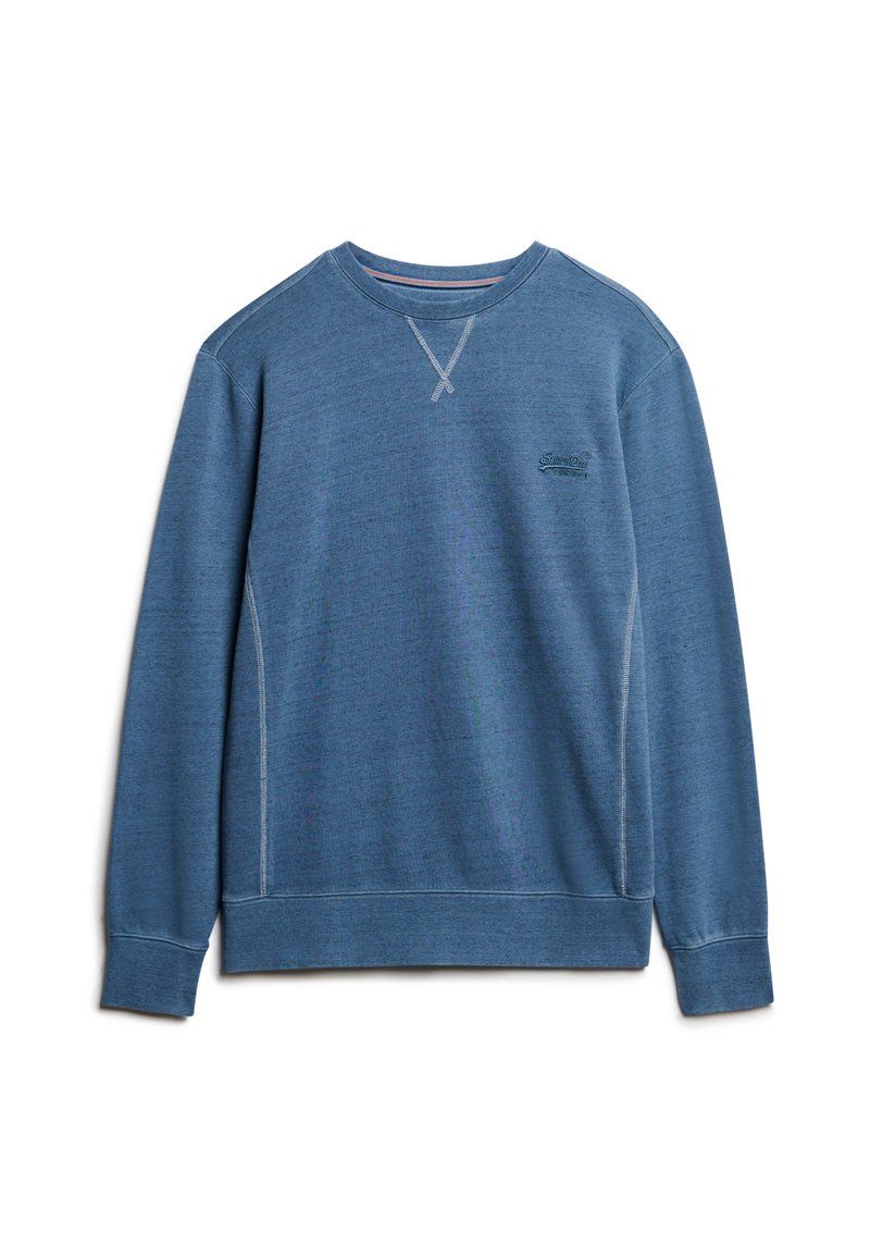 Sudadera de cuello redondo de manga larga en azul, con puños de canalé, costuras visibles y pequeño logo bordado en el lado izquierdo del pecho.