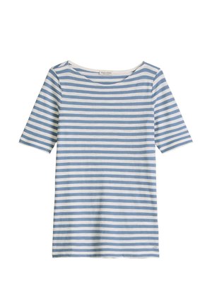 Chemise à manches courtes rayée horizontalement en bleu et blanc, avec un col rond et une coupe ajustée.