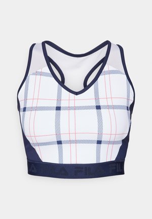 Sportowy stanik w kratę z białym tłem, niebiesko-czerwonym wzorem w kratę, granatowymi wykończeniami i krojem typu racerback. Posiada elastyczną taśmę z logo.