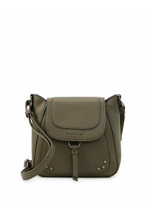 Sac bandoulière en cuir vert olive avec rabat avant, bandoulière ajustable, clous métalliques décoratifs et logo Tom Tailor discret.