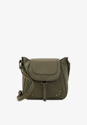 Borsa a tracolla in pelle verde oliva con patta frontale, tracolla regolabile, borchie metalliche decorative e logo Tom Tailor discreto.