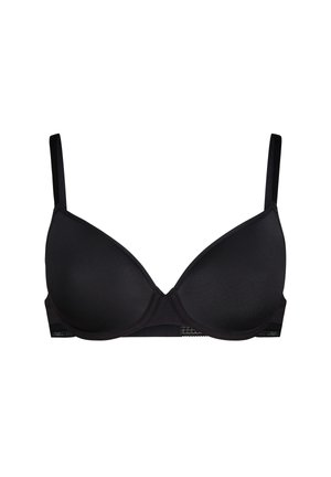 Black padded underwire bra with adjustable shoulder straps and smooth cups on a white background.