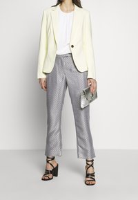 Beżowa marynarka z jednym guzikiem, w połączeniu z szarymi spodniami w wzory i czarnymi, wysokimi szpilkami z paskami. Srebrna kopertówka w ręku.