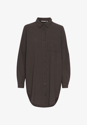 Long-sleeve dark gray shirt with a button-up front, collar, single chest pocket, and curved hem. Smooth texture with loose fit.