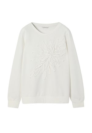 Biała bluzka z długim rękawem, okrągłym dekoltem i fakturowanym, abstrakcyjnym kwiatowym wzorem na środku przodu.