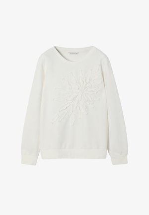 Valge pikkade varrukatega dressipluus ümara kaelusega ja esikeskmes tekstuurse abstraktse lillemustriga.