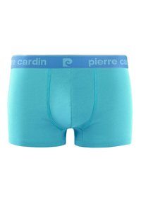 Boxers en coton uni turquoise pour homme avec une ceinture élastique bleue arborant la marque "Pierre Cardin". Texture lisse, longueur mi-cuisse.
