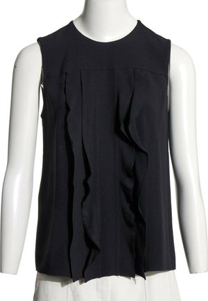 Ärmellose schwarze Bluse mit vertikalen Rüschen-Details vorne, gezeigt auf einer weißen Schaufensterpuppe vor weißem Hintergrund.