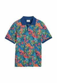 Kurzärmliges Poloshirt in Blau mit einem lebhaften Blumenmuster in Rot und Grün. Kontrastierender einfarbiger blauer Kragen und Bündchen.