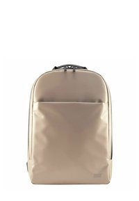 Beige laptoptas met een strak ontwerp, gemaakt van een soepele materiaal, met een voorvak en een bovenhandvat voor makkelijk dragen.