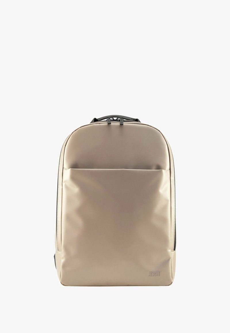 Beige laptoptas met een strak ontwerp, gemaakt van een soepele materiaal, met een voorvak en een bovenhandvat voor makkelijk dragen.