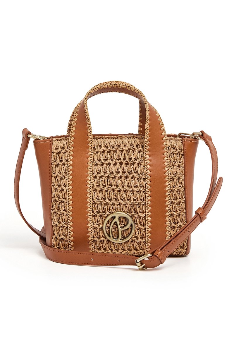 Woven straw handbag with brown leather accents, dual handles, and adjustable shoulder strap. Features a circular metallic logo on the front.