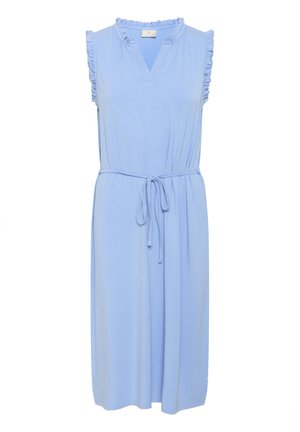 Hele sinine õlavaba kleit volangiga kaelusega ja vöökaelaga. Valmistatud pehmest materjalist, lahtine istuvus, põlvekõrgune ja lihtne disain.