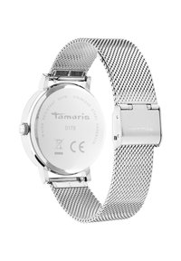 Silberne Uhren aus rostfreiem Edelstahl mit einem Mesh-Band, rundem Gehäuse und einer glatten, polierten Rückseite. Verfügt über Wasserbeständigkeit und eine Markengravur.