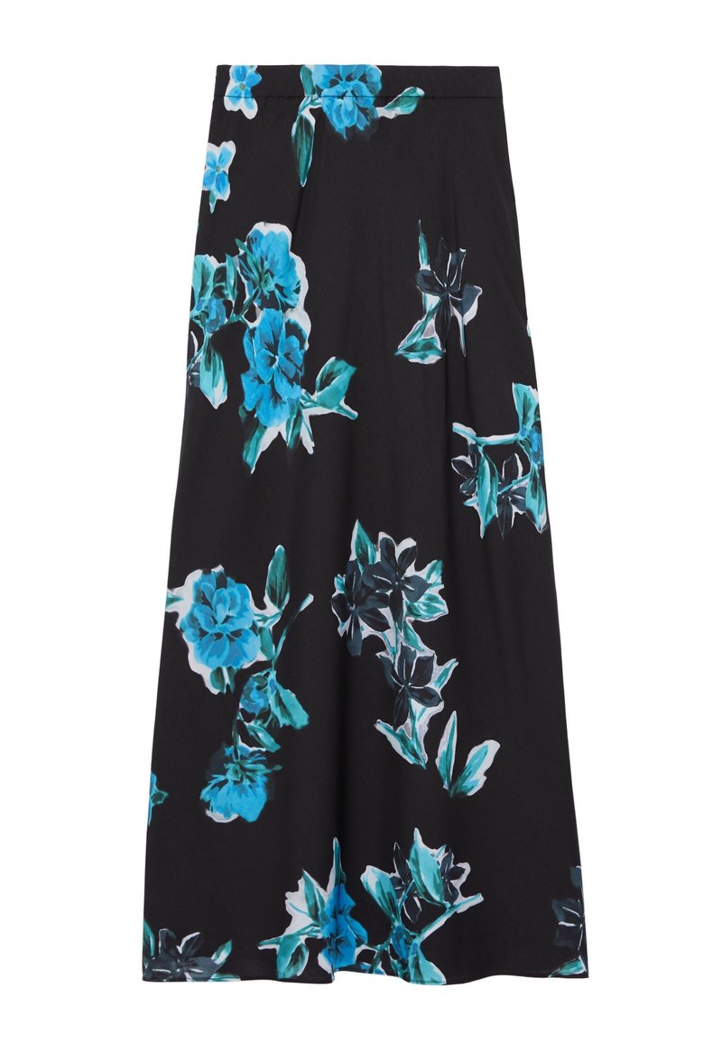 Svart kjol med ett blommönster som har blå och turkosa blommor. Den har en slät yta med veck och ett elastiskt midjeband.