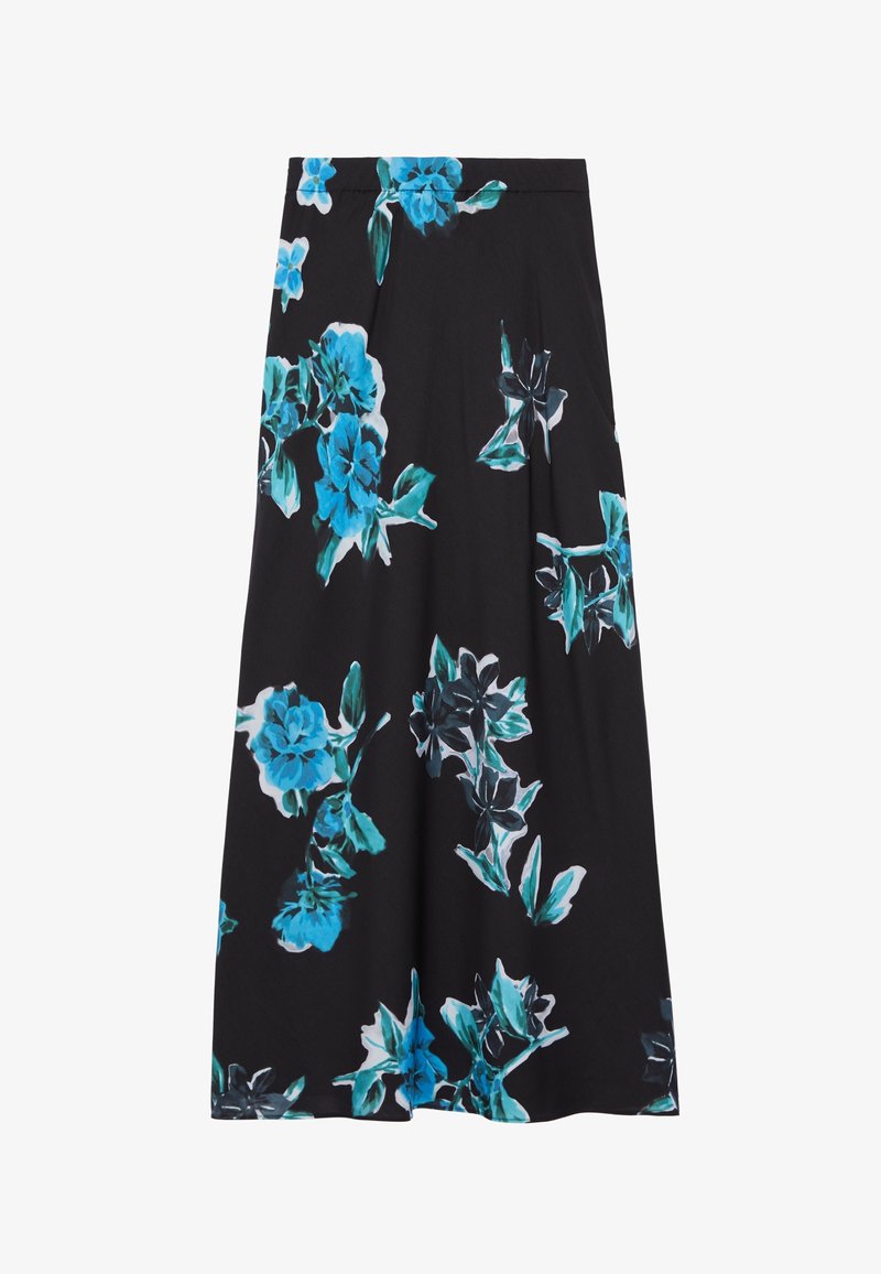 Černá sukně s květinovým vzorem, která má modré a tyrkysové květiny. Sukně má hladkou texturu, skladby a elastický pas.